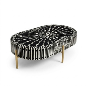 Mesa de centro redonda con incrustaciones de hueso, hecha a mano, con diseño de rayas blancas y negras, mesa central moderna de forma geométrica para sala de estar. - Product Image 4