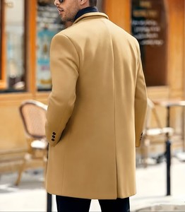 Manteau en laine pour homme à simple boutonnage, revers cranté, long, épais, coupe ajustée, noir, style trench, manches classiques, en tissu tissé - Product Image 3