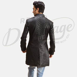 Manteau long en cuir véritable noir pour homme avec design matelassé, coupe ajustée, col montant, manteau de mode, veste en peau de mouton de qualité supérieure - Product Image 3