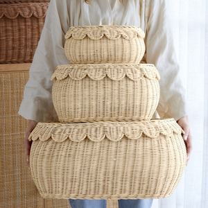 Rattan <b>box</b> for laundry & home essential storage combo scalloped lid basket bedroom <b>container</b> boxes - Product Image 6