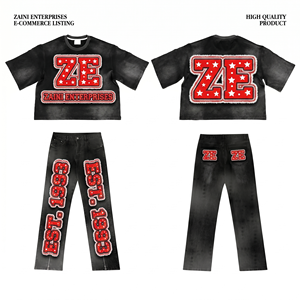 Ensemble T-shirt en coton écologique teint uni et pantalon en jean 240 GSM noir avec patch chenille personnalisé – Tenue décontractée d'été deux pièces - Product Image 1