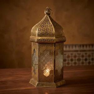 <b>Brass</b> Moroccan <b>Lantern</b> With Embossed Glass Panels And Perforated Design For Home Decoration - Product Image 3