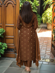 <b>Women</b> Brown Polka Dot <b>Kurta</b> Set Dupatta Traditional Rayon Quick Dry Knee-Length Regular Fit Casual Wear India Pakistan Style - Product Image 6