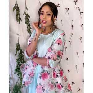 Ensemble de costume en coton respirant bleu océan pour femmes avec dupatta fleuri taille XS - Product Image 5