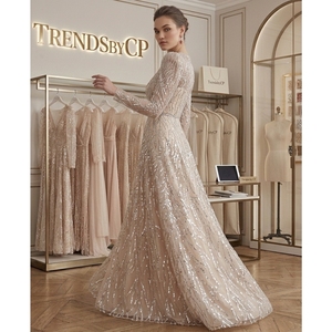 TrendsbyCP Luxury Champagne <b>Sequin</b> Evening Gown O-Neck A-Line Silhouette Handmade Embroidery Regular Sleeve Formal Maxi - Product Image 3