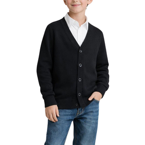 Pulls cardigan en tricot gris uni à col en V et manches longues pour garçons, uniforme scolaire pour enfants - Product Image 3