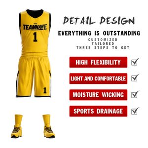 Conjunto de Uniforme de Baloncesto Personalizado Amarillo y Negro, Cuello en V, Sin Mangas, Poliéster que Absorbe la Humedad, Unisex para Adultos, Todas las Temporadas - Product Image 4
