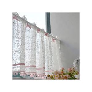 Rideau demi-tulle en coton et lin avec ourlet en dentelle de style nordique personnalisable, petits rideaux de cuisine brodés par vague et baie vitrée - Product Image 1