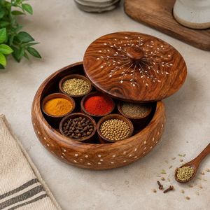 Boîte à épices en bois artisanale à 7 compartiments |   Conteneur de rangement pour épices indiennes en bois massif - Product Image 6