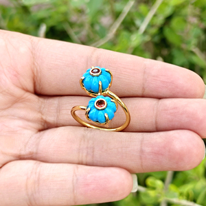 Wholesale custom jewelry double blue turquoise hand carved flower shape <b>adjustable</b> <b>ring</b> 18k gold plated statement <b>ring</b> for women - Product Image 3