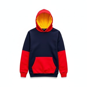 Men's Color Blocking Hooded Sweatshirt Regular Fit Knitted Casual Autumn Wear <b>Red</b> Navy Pocket Design Pullover <b>Hoodies</b> Seamed - Product Image 1