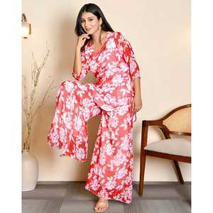 Conjunto Casual de Verano para Mujer con Estampado Floral en Rojo Cereza, Suave y Elegante, Manga Tres Cuartos - Product Image 3