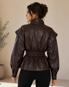<b>Women</b>’s Dark Brown <b>Leather</b> <b>Jacket</b> Ruched Waist Wide Lapel <b>Long</b> Sleeve Fashion Outerwear - Product Image 3