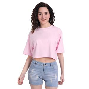 เสื้อครอปแขนสั้นคอกลมสีชมพูสำหรับผู้หญิง ผ้าฝ้ายเจอร์ซีย์ 100% ทรงหลวม สวมใส่สบาย สีพื้น สำหรับฤดูใบไม้ผลิและฤดูร้อน - Product Image 1
