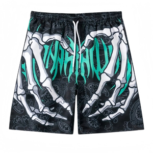 Pantalones cortos de hombre de cintura media con cordón, de secado rápido, con estampado gótico de manos de esqueleto y anarquía, hasta la rodilla - Product Image 6