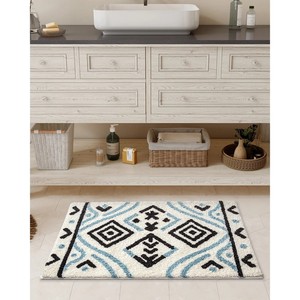 Geometric Bohemian Cotton <b>Bath</b> <b>Mat</b> Rectangle Non-Slip Rubber Backing Thick Tufted Flock Print White Blue <b>Black</b> Home Use - Product Image 4