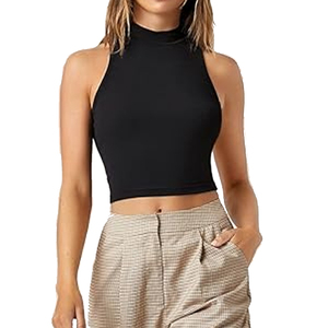 <b>Women's</b> <b>Black</b> High Neck <b>Crop</b> Tank <b>Top</b> Solid Color Minimalist Knitted Spandex Polyester Fit - Product Image 5