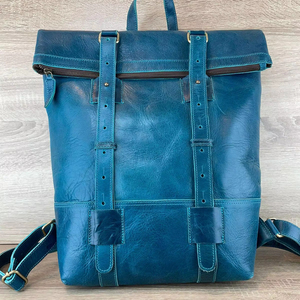 Luxury Genuine Leather <b>Roll</b> Top <b>Backpack</b> Mens Travel Rucksack Cowhide Laptop Bag Designer Heritage Style LTBP-0107 - Product Image 1