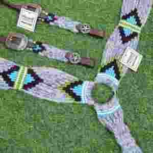 Ensemble de têtière en mohair gris, vert, violet et bleu ciel avec cuir argentin, tour de tête de 32 pouces - Product Image 5