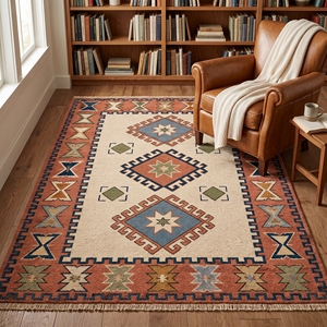 Tapis d'intérieur bohème géométrique en laine/coton à poils ras, résistant à l'huile, avec franges, pour chambre, salon, décoration intérieure, grand format - Product Image 4