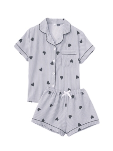 Conjunto de Pijama de Manga Corta para Mujer con Botones Delanteros y Pantalones Cortos, Ropa de Dormir de Verano, Estilo Clásico, Tela 100% Algodón Tejido - Product Image 3