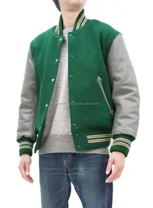Veste de baseball sur mesure en gros, doublure matelassée en polyester, coque en laine vert forêt, manches en cuir gris, devant à col montant, style universitaire - Product Image 4
