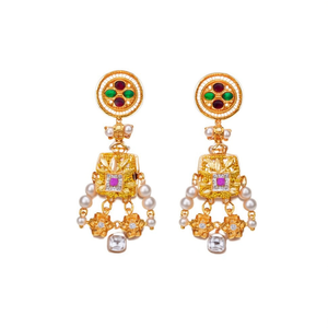 Boucles d'oreilles en alliage plaqué or avec pierre carrée Pota et perle - Product Image 3