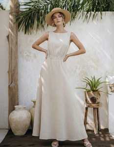 Women Linen Maxi <b>Dress</b> Sleeveless Backless <b>Elastic</b> Waist A-Line Summer Plain Dyed Natural Washable Minimalist Beige Casual - Product Image 3