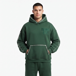 Sudadera con Capucha Verde Bosque de Alta Calidad al por Mayor, con Pedrería, Ajuste Relajado, Hombros Caídos, Informal, de Algodón y Forro Polar - Product Image 3