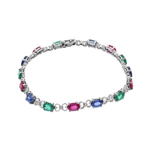 Natural Oval <b>Ruby</b> Emerald Sapphire 18K White Gold Station <b>Bracelet</b> | Diamond Accent Multicolor Gemstone Fine Jewelry Gift - Product Image 1