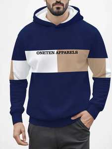 Sudadera con Capucha para Hombre Oneten, Forrada, con Bloques de Color, Manga Larga, 100% Algodón, Azul Marino, Beige, Blanco - Product Image 1