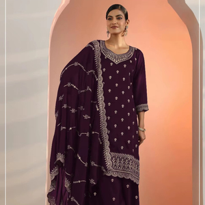 Salwar Kameez Semi-Cosido de Faux Georgette con Bordado - Estilo Moderno para Bodas y Fiestas de Diwali - Product Image 1