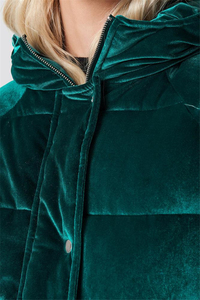 <b>Women's</b> Green <b>Velvet</b> Quilted Hooded Puffer Jacket Long Zip Up Thick Winter <b>Coats</b> - Product Image 5