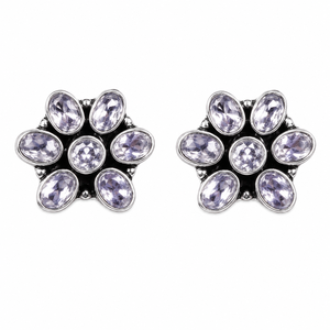 Vintage Crystal Stone Bezel Setting <b>Oxidized</b> Silver Flower Stud Earrings | Party Antique Finish Women's Trendy Fashion Jewelry - Product Image 1