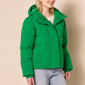 Doudoune à capuche verte pour femme, vêtement d'extérieur décontracté d'hiver, couleur unie, extérieur en polyester, fermeture éclair, coupe épaisse - Product Image 2