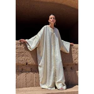 Two-piece Oversized <b>Kaftan</b> Small Rounded V-neckline <b>Kaftan</b> Made From Cream Iridescent Silk Statement Piece Entirely Finished - Product Image 3