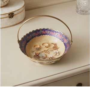 Bol de service vintage en métal émaillé fait main avec poignée, motif floral, décoration traditionnelle chinoise - Product Image 3