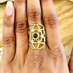 Bague en laiton plaqué or 18 carats pour femme, design bohème tendance, motif géométrique en treillis avec pierres précieuses et onyx noir, style tribal, pour la vente en gros/OEM/ODM - Product Image 5