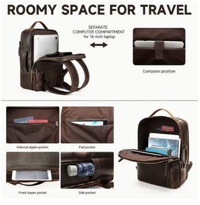Leather <b>Backpack</b> Dark <b>Brown</b> Vintage Style Multi Pocket Design Men Women Daily Use Travel Bag waterproof style leather <b>backpack</b> - Product Image 2