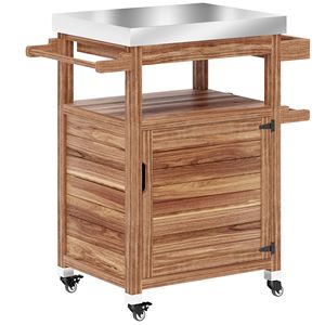 Carro de Isla de cocina para exteriores de madera maciza con cajón de ruedas superiores de acero inoxidable y manija lateral-Marrón - Product Image 1