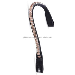 Banda de cejas de caballo de cuero inglés negro hecha a mano en todas las formas con cristales redondos dorados de una sola fila mega Bling - Product Image 6