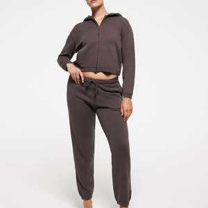 ชุดเซ็ตวินเทจคุณภาพสูงสำหรับผู้หญิง เสื้อฮู้ดไหมพรมตัวใหญ่แบบซิป ผ้าฟลีซโพลีเอสเตอร์สีพื้น เสื้อครอปสั้น ชุดวอร์มสำหรับฤดูหนาว - Product Image 1