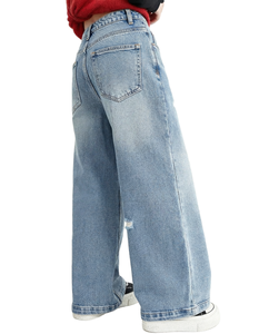 Jeans de mezclilla de cintura media, sencillos, tejidos, lavados, de pierna ancha, desgastados, de ajuste holgado, de largo completo, 100% algodón, casuales de verano para mujer - Product Image 1