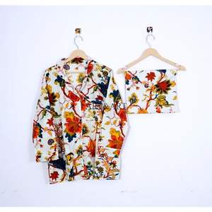 Conjunto de Pijama de Algodón Puro para Mujer, Cuello en V, Largo, Transpirable, Ligero, Suave, Algodón Indio, Estampado Floral Grande, Verano - Product Image 3