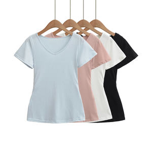 T-shirt élégant pour femme, col en V, coupe ajustée, bleu glace, en mélange de coton doux et respirant, manches courtes, décontracté, basique, été, HD - Product Image 6