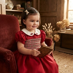 Vestido de Bebé en Capas, Transpirable, Ecológico, Hasta la Rodilla, con Cuello Peter Pan, Manga Abullonada, Adorable, Navideño, con Bordado a Mano, ODM - Product Image 3
