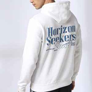 Custom <b>Men</b>’s <b>White</b> Pullover Hoodie with Mountain Coordinate Chest Print and Kangaroo Pocket Casual <b>Sweatshirt</b> - Product Image 3