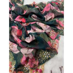 Saree à imprimé floral en soie 100% avec perles artisanales élégantes pour les fêtes - Product Image 3