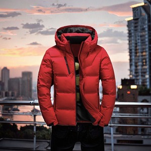 Chaqueta Acolchada Roja con Capucha para Hombre, Cierre de Cremallera, Relleno de Poliéster, Color Sólido, Impermeable, con Bloques de Color y Logotipo Frontal - Product Image 2