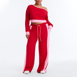 Ensemble de survêtement pour femmes rouge et rose, haut court à manches longues, pantalon large, vêtements de sport décontractés, ensemble de jogging, tenue de sport pour la salle de sport - Product Image 3